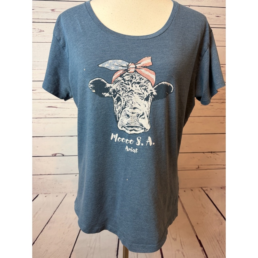 Ariat COW tee shirt size Large Womens Mooo Graphic T-Shirt Western USA Blue‎